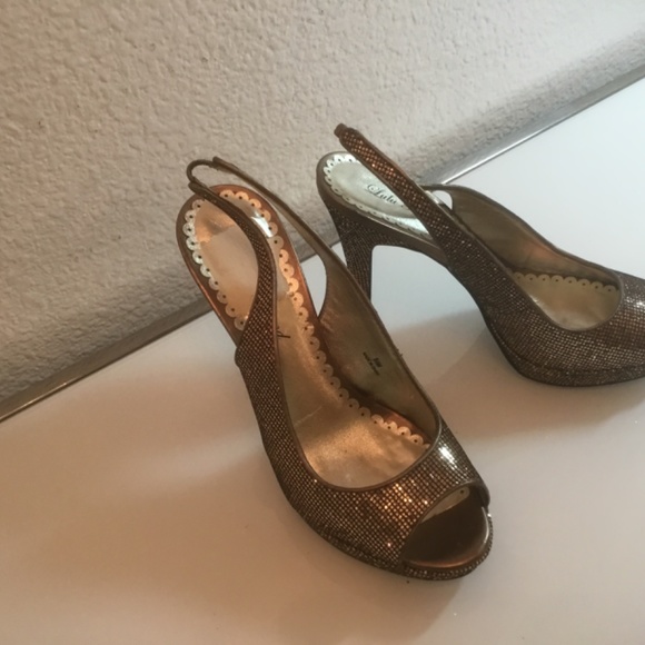 Lulu Townsend  bronze glitter sling back peep toe platform shoes 😍 - Picture 5 of 16